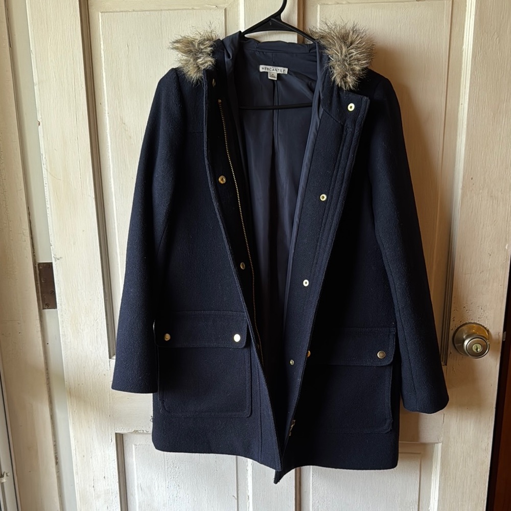 J.Crew Navy Hooded Coat with Faux Fur Trim